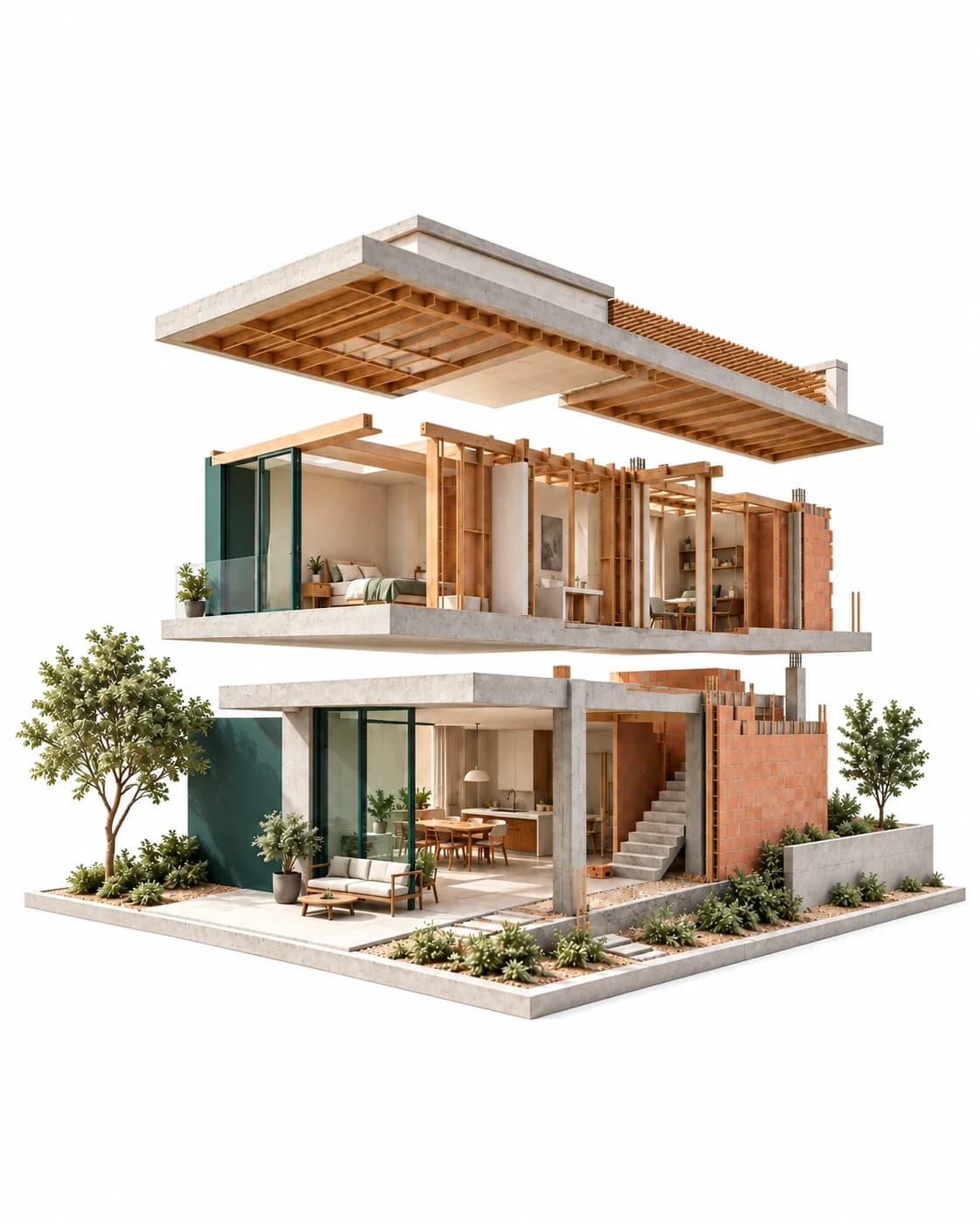 Maquete arquitetônica original de uma casa com os pavimentos separados, em creme, verde petróleo e coral